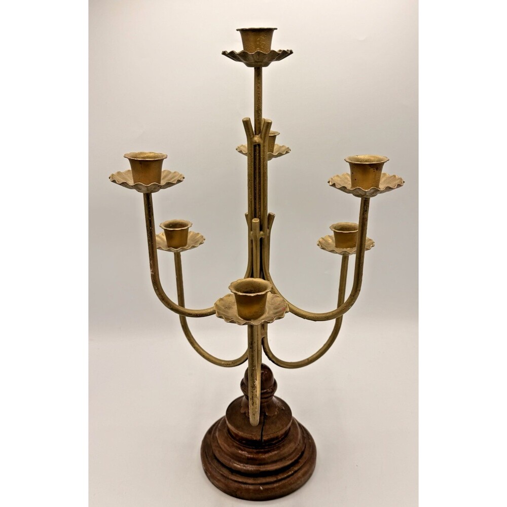 Vintage Metal & Wooden Candelabra For 7 Candles 16.5” Brutalist Style Needs Work